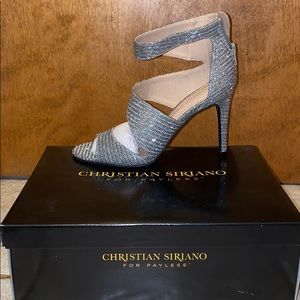 Silver sparkle asymmetrical pumps
